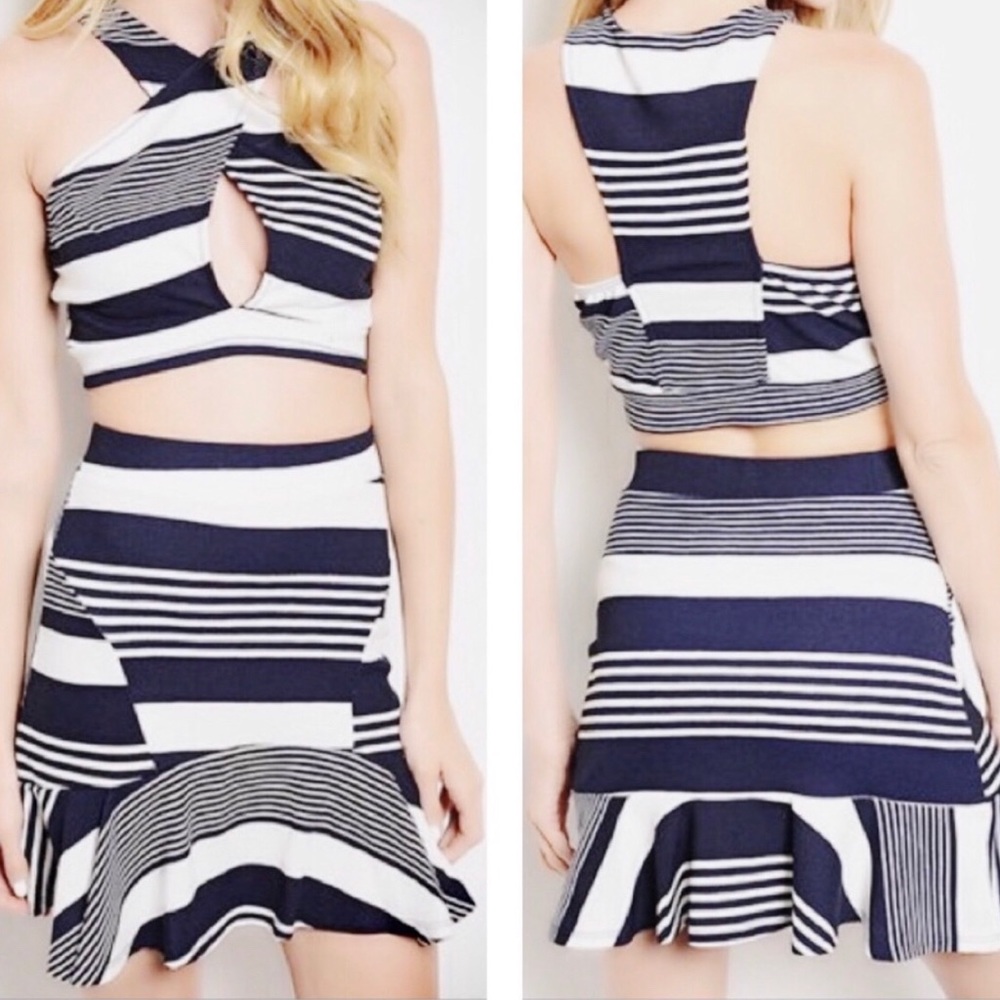 SMALL - NAVY BLUE and WHITE STRIPES CROP TOP & SKIRT